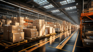 Warehouse with boxes, pallets and racking.